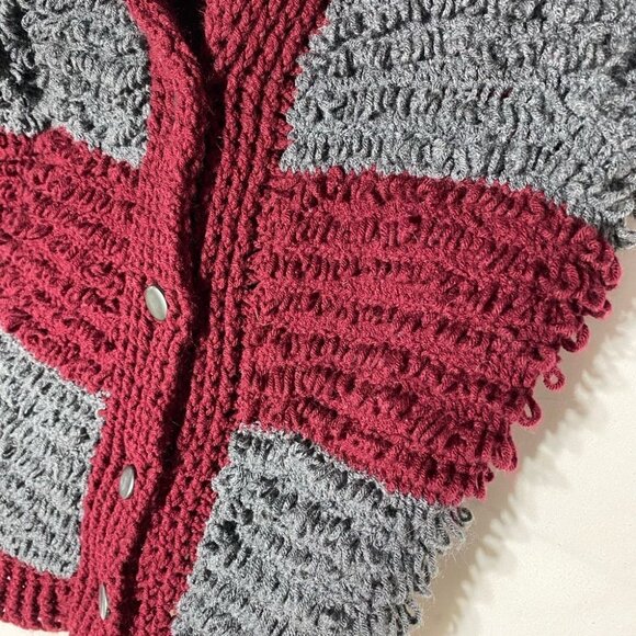Hand Knit Burgundy Grey Striped Loopy Stitch Knit Button Up Cardigan XXL - Picture 8 of 12
